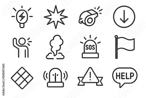 Emergency Alert Icons. Emergency Alert Icons linear set: mirror flash sign, flare spark, attention whistle, ground arrow marker, raised-arm call, smoke signal, blinking light SOS,