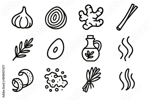 Culinary Aromatic Icons. Culinary Aromatics linear set: garlic clove, onion slice, ginger root, lemongrass stalk, herb sprig, toasted spice seed, infused oil bottle, sizzling aroma