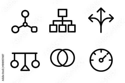 Decision Mapping Icons. Decision Layer Mapping linear set: option network node, branching structure tile, interlinked choice arrow, weighting field icon, conflict overlay ring,