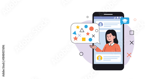 Concept of online education or tutoring via smartphone, showing a female teacher in a video call explaining various geometric shapes to a student, with a graduation cap icon.