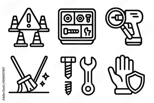 Worksite Safety Icons. Secure Worksite Repair linear set: safety zone marker, organized parts tray, equipment inspection icon, clean workspace line, secure fastener, safe-hand