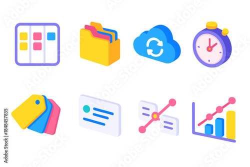 Isometric Workflow Icons. Digital Workflow Tools isometric flat set: kanban board, file organizer, sync cloud, timer icon, category labels, task card, dependency link, activity