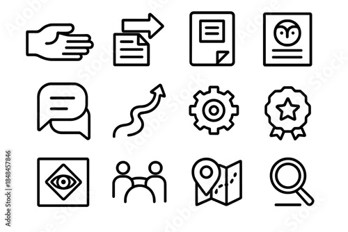 Mentorship Icons Collection. Mentorship Elements linear set: guidance hand icon, knowledge transfer arrow, wisdom note card, supportive conversation bubble, growth pathway line,