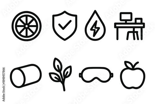 Balanced Living Icons. Balanced Living Tools linear set: activity wheel, wellness checkmark, energy droplet, work desk icon, relaxation cushion, nature sprig, rest mask, fresh
