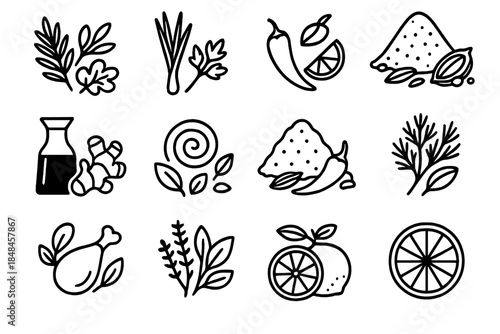 Global Flavor Icons. Global Flavor Families linear set: Mediterranean herb mix, Southeast Asian lemongrass, Latin chili–lime pair, Middle Eastern spice blend, East Asian soy–ginger