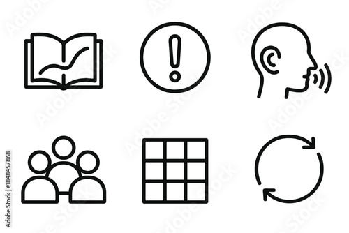 Creative Method Icons. Creative Performance Methods linear set: storytelling arc, emphasis mark, sensory cue, audience-engage line, technique grid, expressive motion loop.