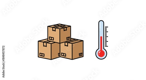 Simple icon illustration representing temperature-sensitive shipping, with a stack of cardboard boxes next to a red thermometer, indicating the need for controlled temperature logistics.