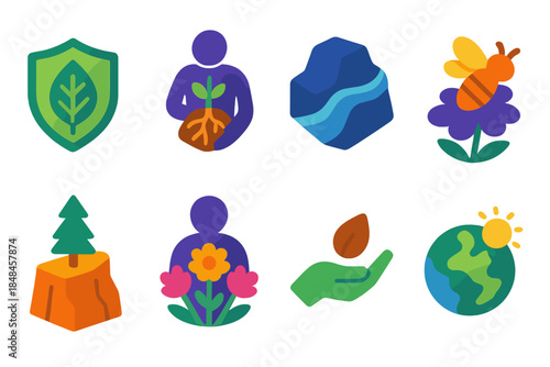 Nature Guardian Icons. Natural world guardians set isometric flat set: leaf shield, root caretaker, stream protector, pollinator ally, cliff sentinel, bloom keeper, seed guardian,
