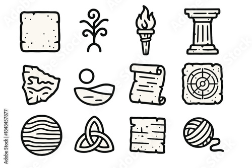 Ancient Artifacts Icons. Ancient History linear set: stone tablet, carved symbol, old torch, weathered pillar, relic fragment, desert horizon, scroll piece, ancient chart, layered