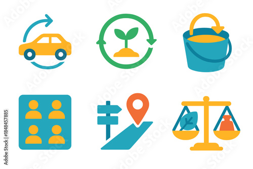 Sustainable Design Icons. Sustainable Reuse Frameworks flat set: second-life component, regenerative loop ring, recovery bucket, shared-use tile, reclaimed resource marker,