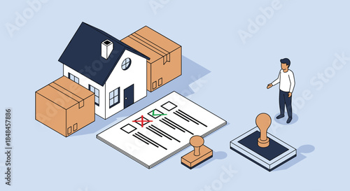 Isometric concept illustration for real estate inspection or property approval, showing a house with moving boxes, a checklist with ticks and crosses, and a large approval stamp.