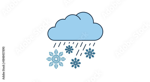 Simple weather icon for sleet or snowy rain, featuring a light blue cloud with diagonal lines for rain and several different snowflake designs falling down, isolated on a white background.