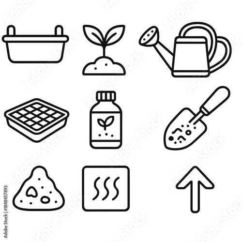 Urban Micro-Farm Icons. Urban Micro-Farm linear set: balcony pot, herb sprout, watering can, soil scoop, mesh tray, nutrient mix icon, airflow vent, growth arrow.