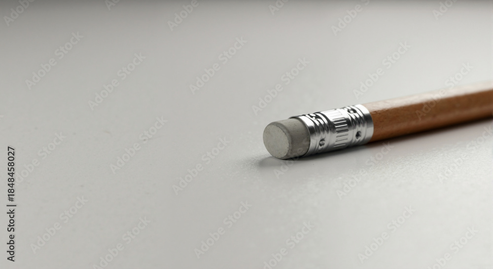 Obraz premium Close up of a wooden pencil eraser on a light background. Concept of correcting mistakes and editing. Copy space for text