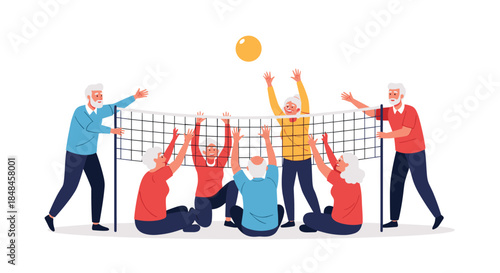Group of active senior citizens enjoying a friendly game of volleyball together, promoting a healthy and social lifestyle.