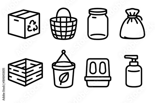 Eco Storage Icons. Eco-Friendly Storing linear set: recycled cardboard box, bamboo basket, glass jar, cloth pouch, reclaimed wood crate, hemp rope hanger, compostable bin,