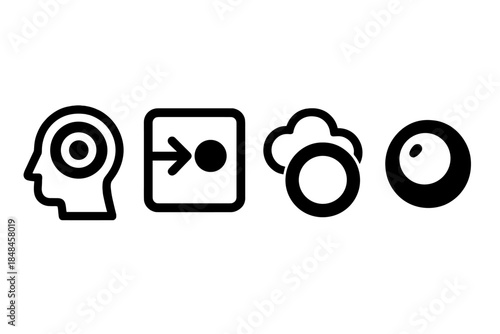 Cognitive Alignment Icons. Cognitive Alignment Modes silhouette set: thought-harmony ring, intent-focus tile, reasoning cue bead.