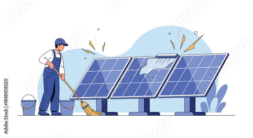 Professional worker in uniform cleaning solar panels with a mop to maintain efficiency for renewable green energy production.