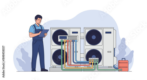 HVAC technician with a clipboard performing maintenance and inspection on a multi-split outdoor air conditioning system.