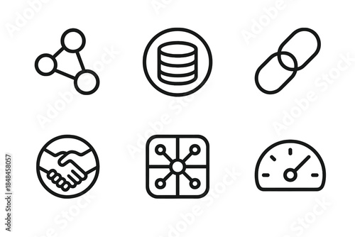 Collaborative Economy Icons. Cooperative Network Economies linear set: shared value node, resource pool icon, collaborative link chain, mutual support ring, network ledger tile,