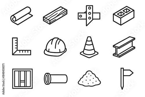 Construction Blueprint Icons. Building Fundamentals Set linear set: blueprint roll, wooden plank, structural joint, masonry block, angle ruler, hard hat icon, site cone,