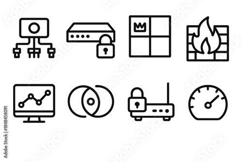 Network Security Icons. Network Core Protection linear set: fiber hub, encrypted switch, segmented VLAN grid, firewall module, traffic analyzer, redundancy loop, secure router,