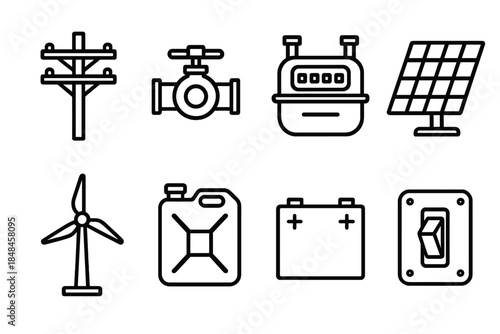 Energy Utility Icons. Utility and energy set linear set: power line pole, water valve, gas meter, solar panel, wind turbine, fuel can, battery pack, control switch.