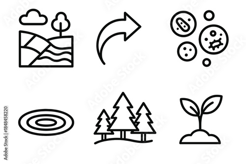 Ecosystem Icon Mosaic. Resilient Ecosystem Set linear set: habitat mosaic, energy flow arrow, soil microbes icon, freshwater ripple, forest patch, grassland sprout.