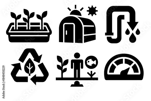 Space Sustainability Icons. Long-Term Space Sustainability silhouette set: regenerative garden tray, thermal-regulated habitat module, moisture recycling pipe, organic matter loop,