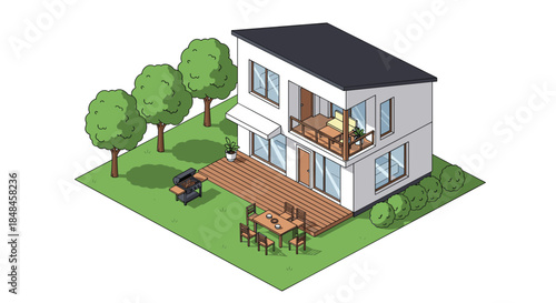 Isometric pixel art illustration of a modern two-story house with a beautiful garden, wooden deck, and barbecue grill.