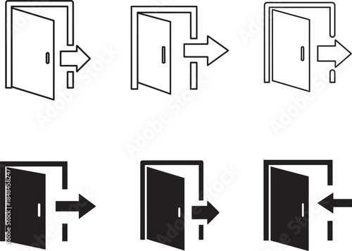 Door opening and closing sequence illustrations in line art and silhouette style