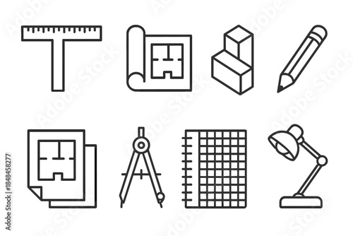 Architectural Tools Outline. Architectural study tools set linear set: drafting ruler, blueprint roll, scale model block, sketch pencil, tracing paper sheet, angle compass, grid