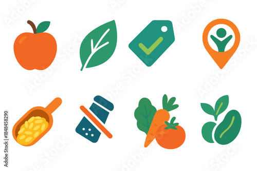 Healthy Ingredient Icons. Healthy Ingredient Selection flat set: whole food icon, nutrient leaf, clean label tag, low-sodium symbol, whole grain scoop, plant protein icon, fresh