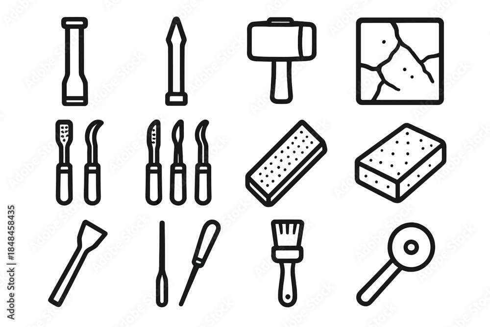 Obraz premium Stone Carving Tools. Stone Carving Tools linear set: flat chisel, point chisel, wooden mallet, stone slab tile, rifflers set, rasper bar, sanding grit stone, groove cutter node,