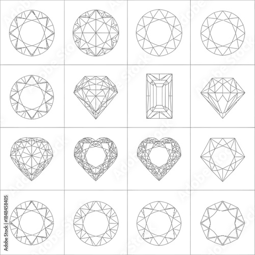 Diamond Shapes Set Line Art Gemstone Icons vector.