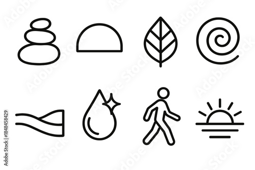 Nature Inspired Icons. Earth-Centered Wellbeing linear set: grounding rock stack, open sky curve, fresh leaf imprint, nature energy swirl, peaceful terrain line, dew droplet glow,