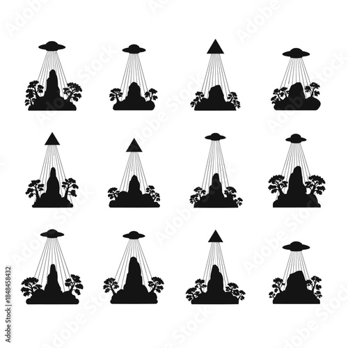 UFO landing on mountain vector icons set vector.
