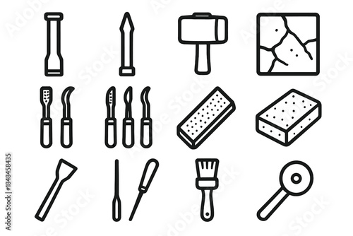 Stone Carving Tools. Stone Carving Tools linear set: flat chisel, point chisel, wooden mallet, stone slab tile, rifflers set, rasper bar, sanding grit stone, groove cutter node,