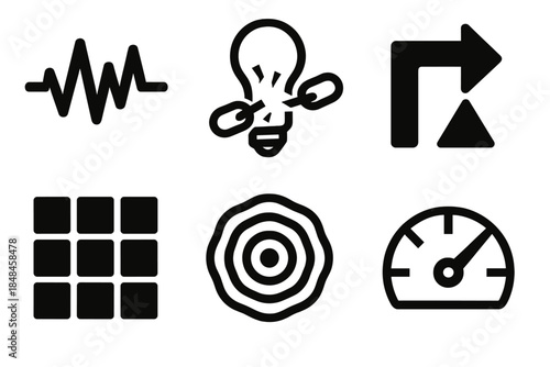 Abstract Thought Icons. Interference in Thinking silhouette set: noise pulse icon, broken idea chain, attention detour arrow, mental clutter tile, wavering focus ring, performance