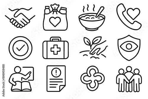 Community Care Icons. Community Care Actions linear set: mutual aid hand, shared supplies bag, warm meal bowl, support phone, volunteer sticker, essentials kit, garden share icon,