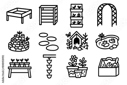 Garden Project Icons. Creative Garden Projects linear set: raised bed frame, compost station, vertical planter, trellis arch, herb spiral, stepping stones, wildlife corner, mini