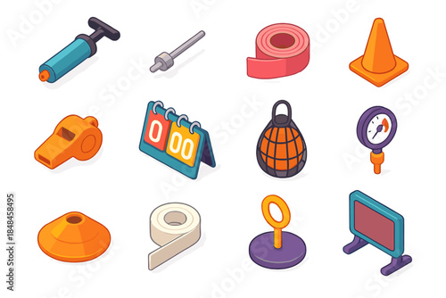 Sports Equipment Icons. Ball Games Accessories flat isometric set: air pump, ball needle, grip-enhancing tape, boundary cone, referee whistle, score flipboard, carrying net bag,