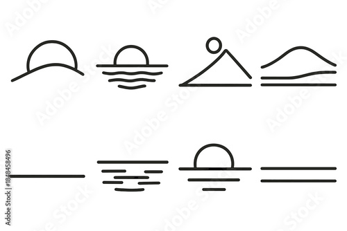 Peaceful Black Line Vistas. Peaceful emotional vistas linear set: clear arc, soft ripple strip, balanced point, gentle slope tile, quiet line, calm shimmer, clarity marker, serene