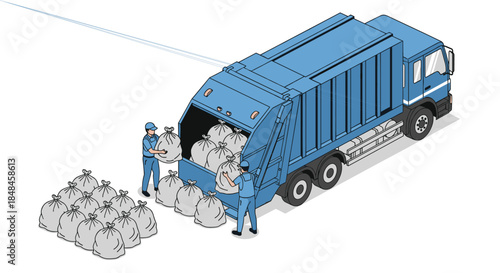 Isometric illustration of sanitation workers loading garbage bags into a large garbage truck as part of waste management.