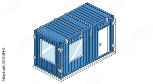 Isometric illustration of a blue shipping container converted into a modern, portable office or small modular home unit.