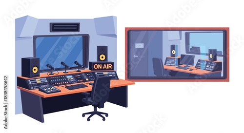 Professional radio station broadcast studio interior with a control room, mixing console, microphones, and on-air sign.