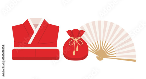 Set of traditional red and white Asian cultural items including a folded kimono, a kinchaku lucky bag, and a hand fan.