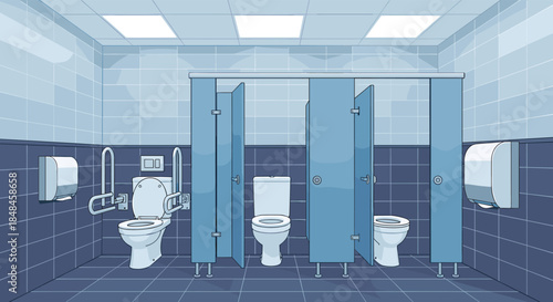 Interior of a clean public restroom with stalls, toilets, and an accessible stall with grab bars in pixel art style.