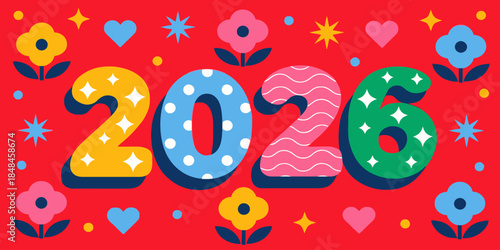 Vibrant 2026 typography with colorful flowers and hearts