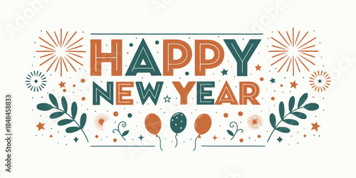 Vibrant Happy New Year celebration graphic with balloons and fireworks
